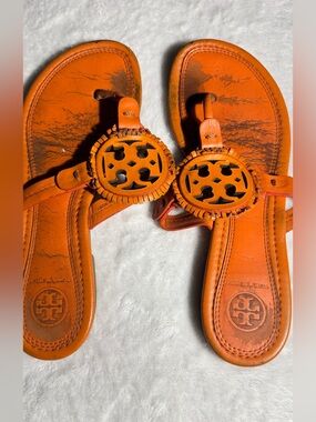 Tory Burch Orange Leather Logo Thong Sandals